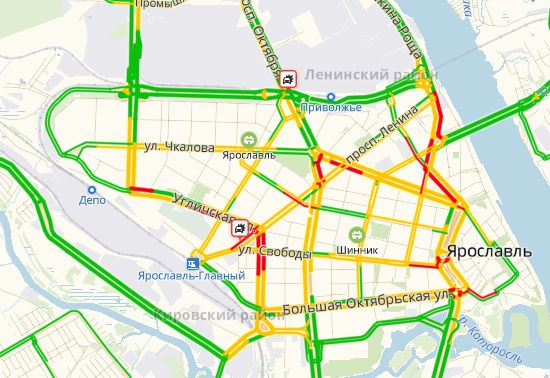 Утром Ярославль встал в девятибалльные пробки